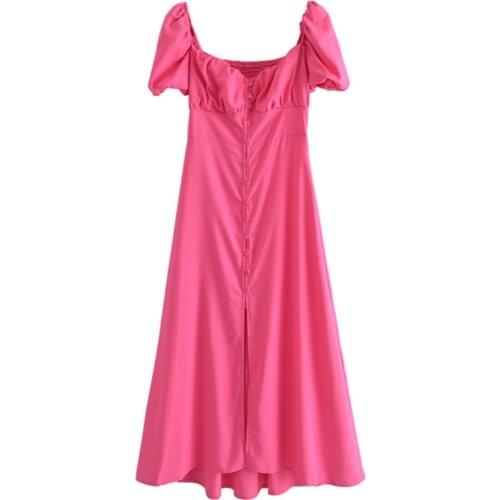 Women Casual Solid Color Midi Dress Fashion V Neck Puff Short Sleeve Sundress Female Elegant A Line Front Split Dresses