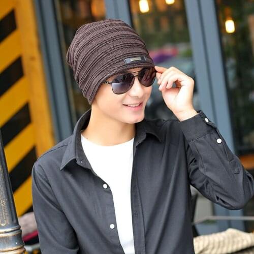 The cold winter hat knitting Korean iron card plus velvet warm set cap mens section striped wool hat