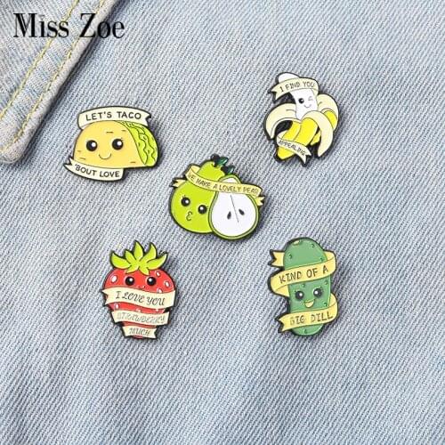 Homonymic Food Banner Enamel Pins Strawberry Pear Taco Boo Brooch Lapel Badge Bag Cartoon Jewelry Gift for Kids Friends