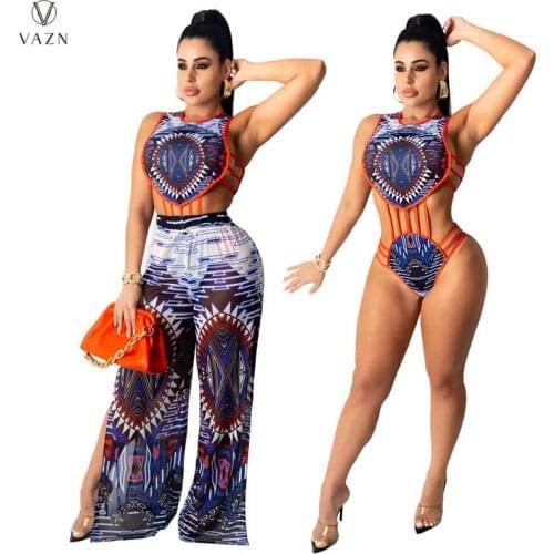 VAZN 2021 Autumn Indie Folk Retro Chiffon Beach Set Sleeveless Bodysuits Top Long Wide Leg Pants Slim For 2 Piece Women