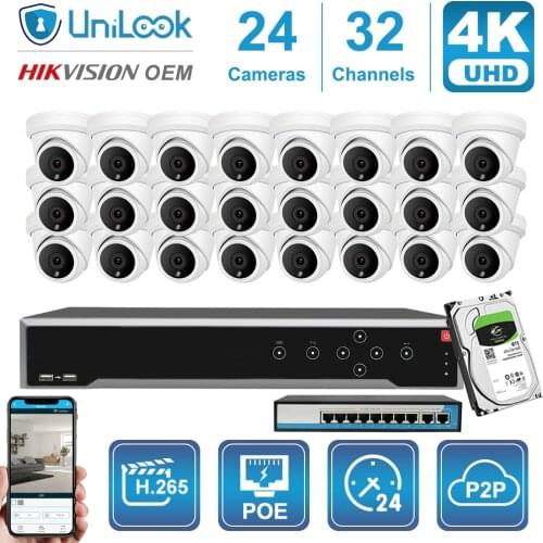 24CH 4K 8MP Turret POE IP Camera NVR Kit Outdoor CCTV Surveillance OEM Hikvision DS-7732NI-I4/16P Customized Plug&Play System
