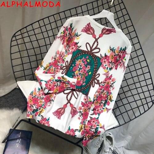 ALPHALMODA Floral Fashion Women Print Sweaters O-neck Long-sleeved Loose Pullovers Trendy Print Knitting Tshirt Autumn Knit Top