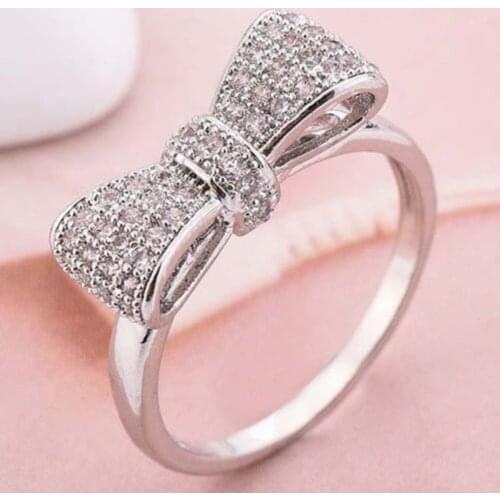 BAOSHINA Temperament Zircon Crystal Bow Banquet Ring for Women Girl Engagement Party Rings Jewelry Accessories Size 6-10