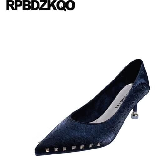 Black Trending 2021 Catwalk High Heels Runway Size 4 34 Women Rivet Scarpin Stud Beige Shoes Pumps 33 Pointed Toe Slip On Metal
