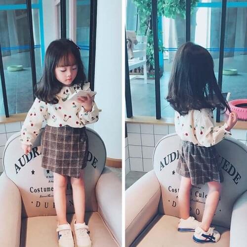 Childrens Cotton and Linen Long-sleeved Shirt 2021 Spring and Summer Korean Girl Cherry Print Ruffled O-neck Top Blouse Tees