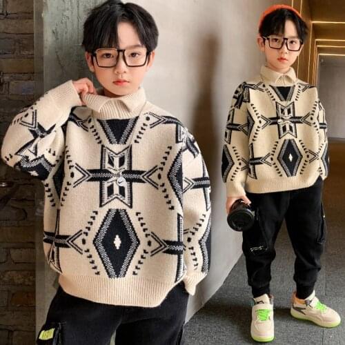 Korean Style Kids Thicken Knit Turtleneck Baby Boys Sweater Children Fashion Print Warm Sweater Winter Teenage Clothes 5-14Years