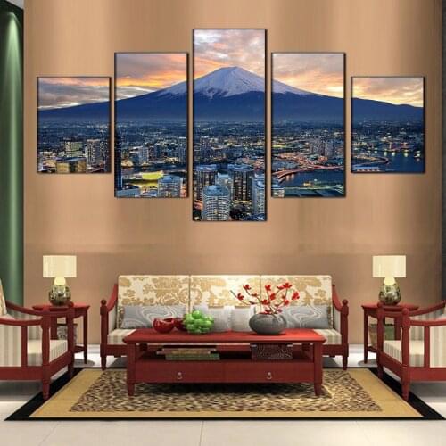 Home Decor Pictures Vintage HD Print 5 Panel City At Night Landscape Paintings On Canvas Wall Modular Pictures For Living Room
