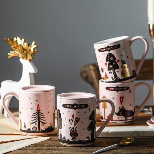 Creative Christmas Cartoon Ceramic with Cover Milk Cup Coffee Cup Beer Glass Pink Christmas Cup Mugs подарок девушке кружка