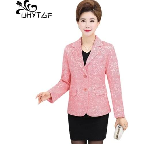 UHYTGF Small suit spring jacket Casual mom short coat Fashion printed suit collar elegant womens thin jacket 5XL Plus Size 194