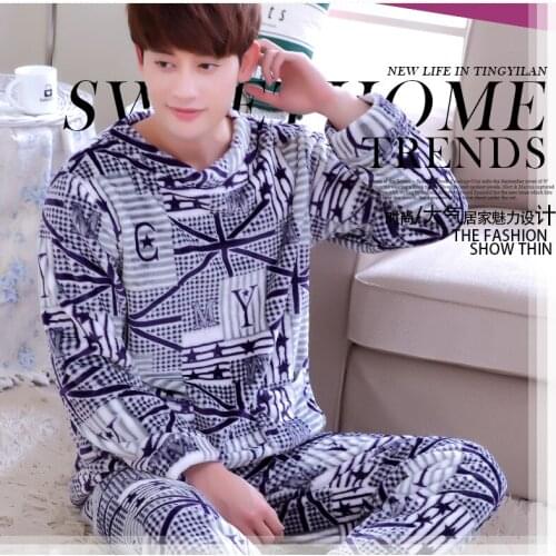 Male Coral Fleece Pajama Mens Thick Flange Homewear O Neck Long Sleeves Sleepwear Leisure Velvet Nightwear Plus Size D-2082