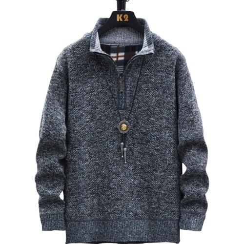 Mens jumper Autumn/winter thick fleece warm knit bottom solid color long sleeve faux fur wool sweater