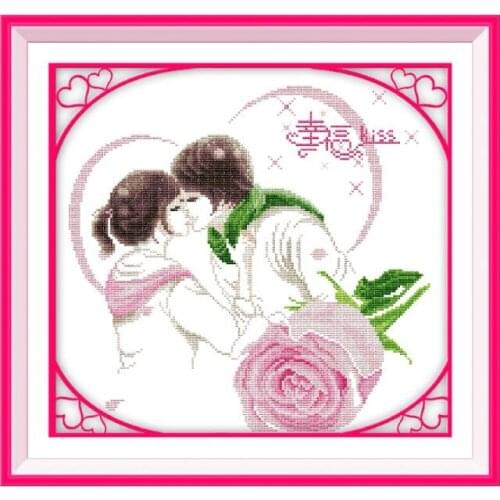 Joy Sunday Happy Kiss Pink Rose Cross Stitch Kit 11CT 14CT Calico Chinese Characteristic Sewing Embroidery Decorative painting