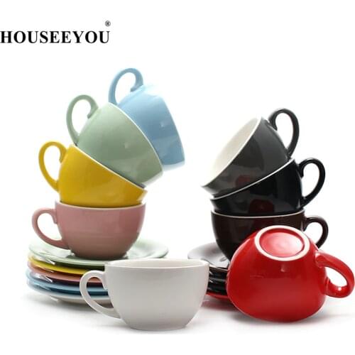 200ml Macaron Wide Mouth Cappuccino Coffee Cup with Saucer European Thick Colored Glaze Ceramic Espresso Coffee Cup Sets