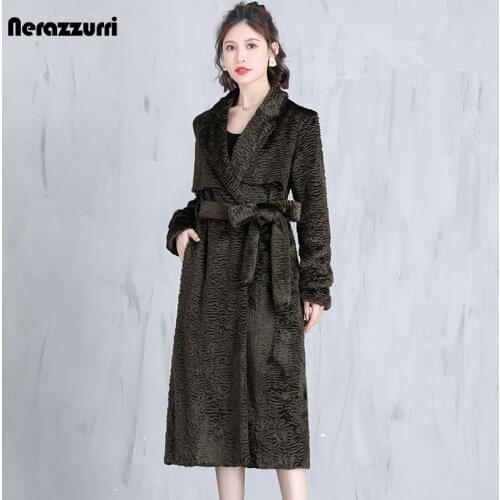 Nerazzurri Winter Long Warm Stylish Elegant Luxury Fluffy Faux Karakul Sheep Fur Trench Coat for Women Belt Korean Fashion 2021