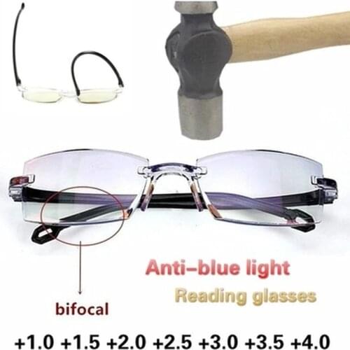 Blue Ray Reading Glasses Cutting Rimless Eyewear Women Men Anti Eyewear Magnification Glasses Diopter +100+150 +200+250+300