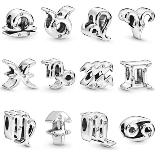 Original Sparkling Twelve Zodiac Constellations With Crystal Beads Fit Pandora 925 Sterling Silver Charm Bracelet DIY Jewelry