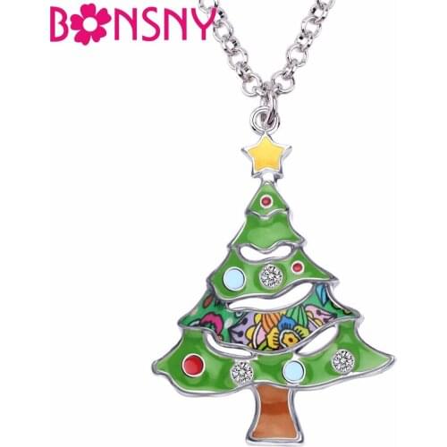 Bonsny Enamel Alloy Rhinestone Christmas Tree Star Necklace Pendant Chain Collar Xmas Navidad Gift Jewelry For Women Girls Kids
