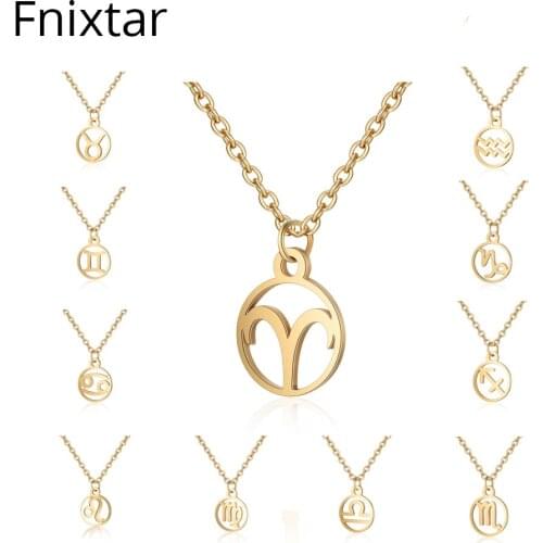 Fnixtar Gold Color Stainless Steel Zodiac Charms Pendant Necklaces for Women Jewelry Christmas Day Best Jewelry Gifts 5pcs/lot
