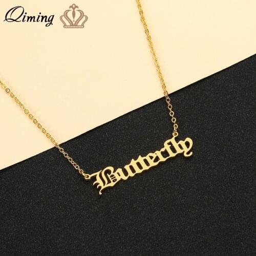 QIMING Bohemia Butterfly Pendant Necklace For Women Ladies Insect Lover Old English Letter Boho Jewelry Cheap Necklace Collier