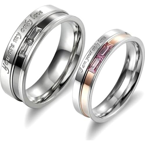 Classic Stainless Steel Crystal Couple Ring Men and Womens Wedding Ring Set "You are my only Love" Stamped Ring 1 PCS