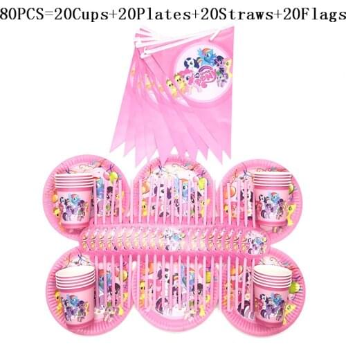 Party Supplies 80Pcs/Lot Cartoon My Little Pony Tableware Boys Kids Birthday Plates Cups Flags Straws Decorations Party Supplies