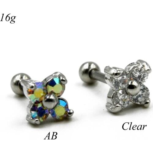Lot 2 Pieces Surgical Steel 6mm Square Flower Ear Cartilage Tragus Helix Piercing Bar Stud Earring 16g