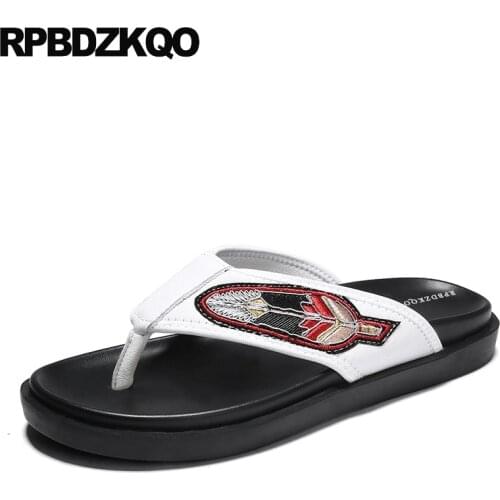 Leather large size slides native sandals summer slippers designer shoes men high quality black 45 flip flop nice embroidery
