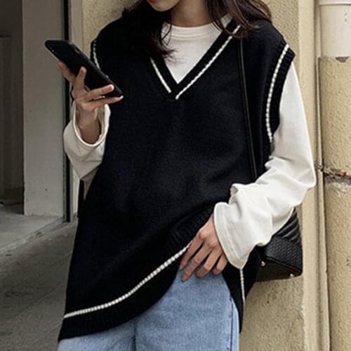Women Sweater Vest Simple Knitted Sweater All-Match Top Korean Style V Neck Leisure Student Sleeveless Girl Vintage Streetwear