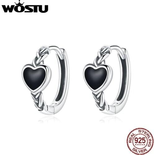 WOSTU 2020 New Black Love Stud Earrings Real 925 Sterling Silver Black Zircon Circle Earrings For Women Fine Jewelry Gift BNE456