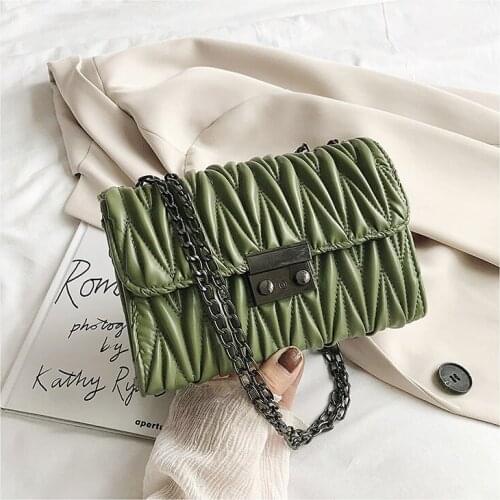 Women Crossbody Bag Fashion Style Pure Color Handbag Metal Chains Design Pleated Messenger Bag Square Shape Black Shoulder Bag