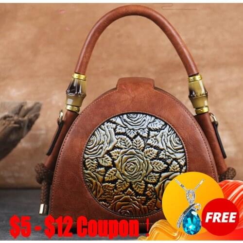 CGA Embossing Female Handbags Shoulder Bags Large-Capacity Vintage Floral Contrast Color For Women Tote Messenger Leather Bag