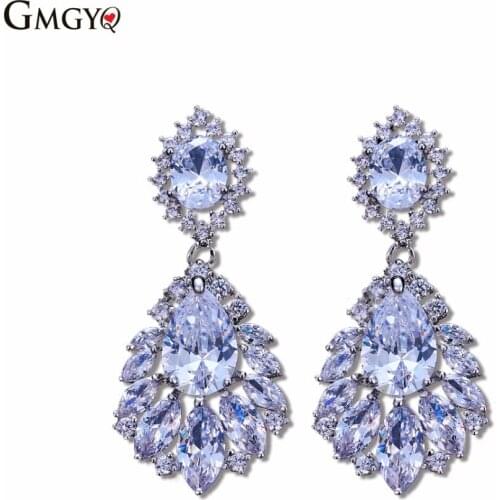 GMGYQ Fashion Zircons Elegante Kroonluchter AAA + Zirconia Lange Grote Crystal Bridal Dangle Drop Earring Voor Bruiloft Sieraden