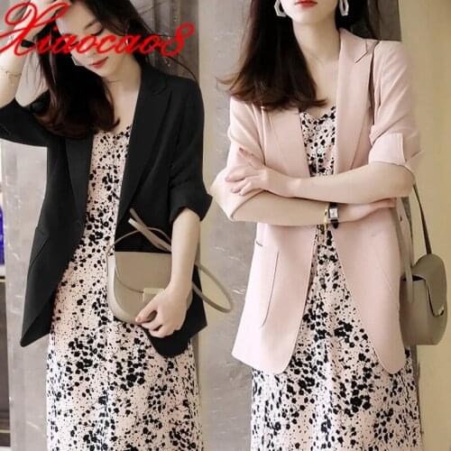 One Button Thin Chiffon Blazer Women Summer Three Quarter Thin Jackets Coat Fashion Korean Style Suits Femme Casual Cardigan