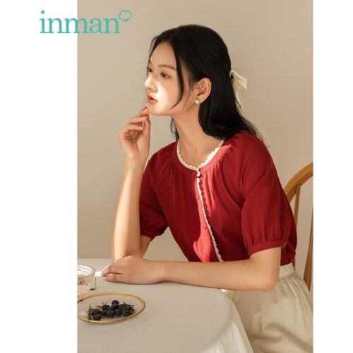 INMAN Summer Womens Top Retro Literary Vintage Stitching Lace Decorative Buttons Cuff Round Collar Cardigan Elegant Lady Blouse