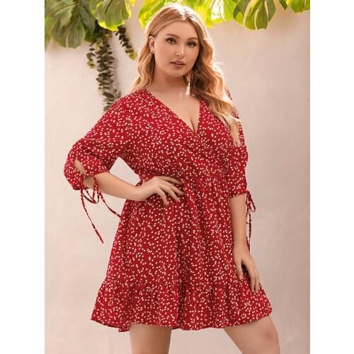 Summer Dress Women 2021 V-Neck Plus Size A-Line Skirt Knee-Length Three-Quarter Sleeves Love Pattern Casual Fresh Vacation