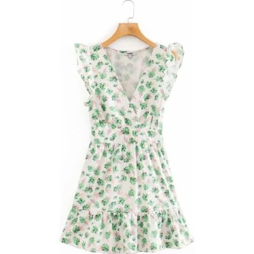 Casual Woman V Neck Butterfly Sleeve Floral Print Mini Dress New Fashion Ladies Slim A-Line Clothes Vestido D5636