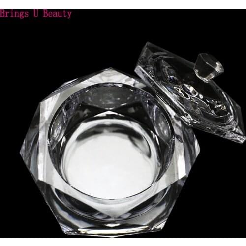 1PC Large Hexagon Crystal Glass Dappen Dish Bowl Cup with Cap Lid for Acrylic Powder Liquid Transparent Kit Nail Art Equipment