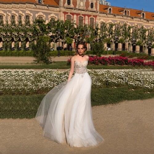 2020 Latest Classic A Line Tulle Bride Wedding Dresses Sleeveless Sweetheart Beading Bodice Bridal Gowns Open Back Full Length