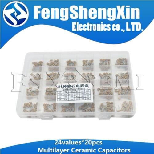 24values*20pcs=480pcs 50V 10PF~10UF 5.08mm Multilayer Ceramic Capacitors MLCC Assorted Kit + BOX