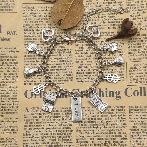 Antique Retro Silver Plated Chain Bracelet Fortune Series Money Dollar Purse Copper Birthday Women Men Party Gift CW011-012