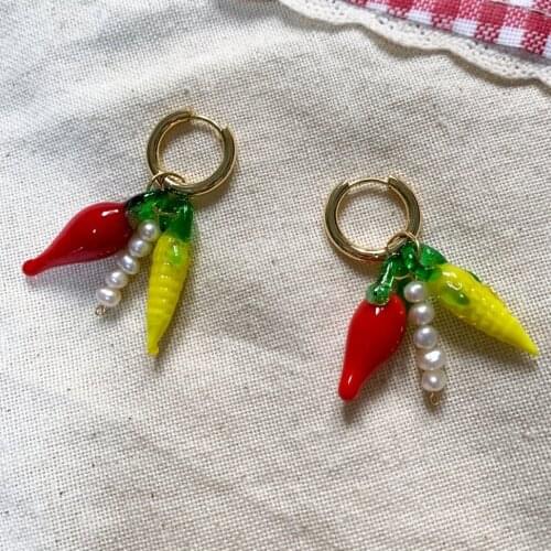 Boho gold plated stainless steel earring women corn red pepper fruit glass strand Fruit party freshwater pearls huggies earrings