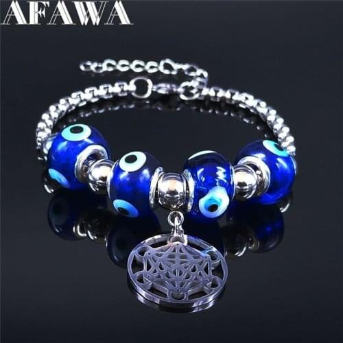 Yoga Flower of Life Islam Eyes Bead Stainless Steel Glass Beads Bracelet Bangle Blue Silver Color Jewelry pulseras mujer BXS01