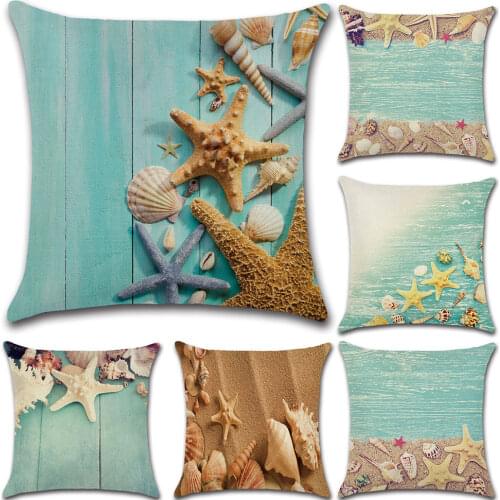 Blue Ocean Pillow Case 3D Shells Starfish Beach Printing Throw Pillowcase Home Decorative Linen Conch Car Sofa Cushion Cover