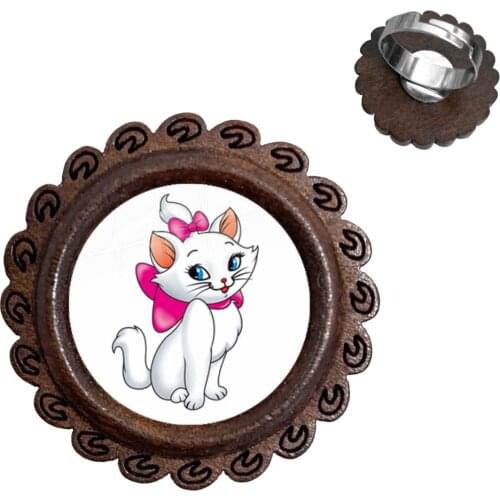 The Aristocats Glass Cabochon Wood Rings Fashion Jewelry Cute Marie Cat Anime Cartoon Jewelry For Women Men Kids Gift