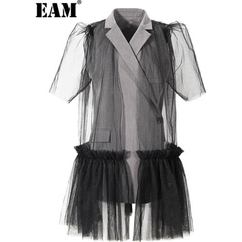 [EAM] Women Gray Mesh Irreuglar Long Blazer New Lapel Short Sleeve Loose Fit Jacket Fashion Tide Spring Summer 2021 1DD8663