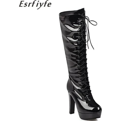 ESRFIYFE 2020 New Sexy Lace Up Knee High Boots Women Rome Style Boots Women Patent Leather Long Boots Winter Warm High Boots