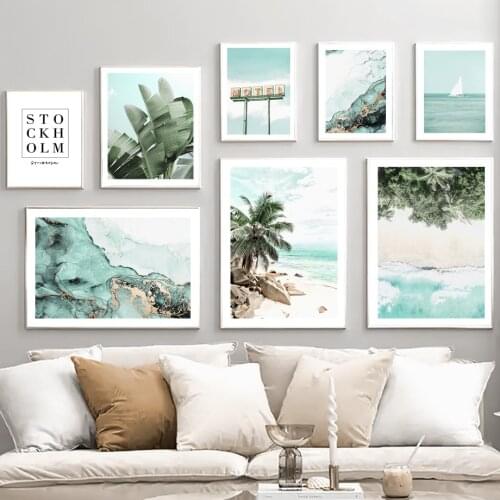 Coconut Tree Banana Leaf Beach Sea Wave Sailboat Art Canvas Painting Nordic Posters And Prints Wall Pictures Living Room Decor