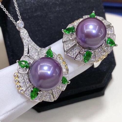 D608 Pearl Set Fine Jewelry 925 Sterling Silver Round 11-12mm Nature Fresh Water Purple Pearls Jewelry Sets for Women Presents