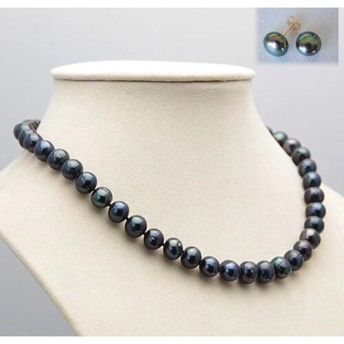 Nice 8-9mm Black Tahitian Natural Pearl Necklace1-earring gift