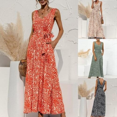Hot Kf-Summer Boho Maxi Dress Women Elegant Party Dresses Ladies V Neck Floral Dress Sleeveless With Pocket